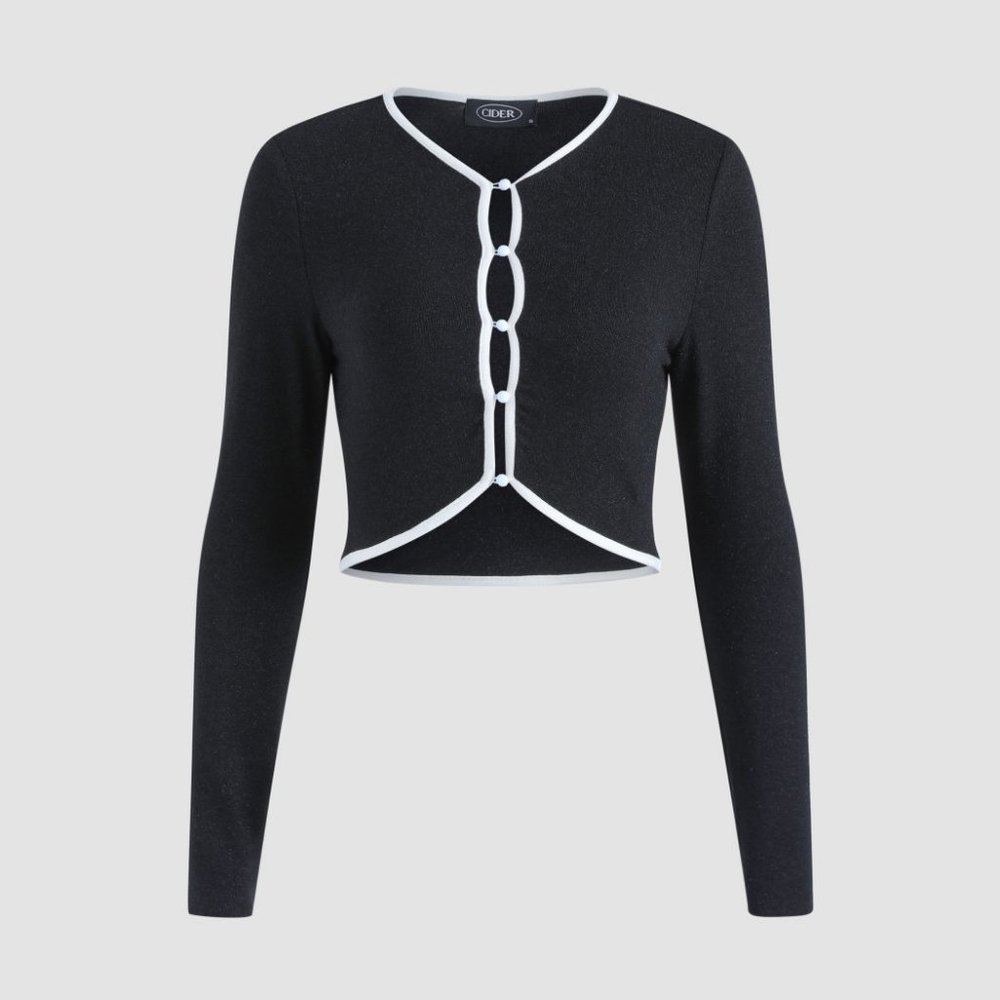 BNWT Y2K Style Sparkly Black Cotton Cardigan with White Contrast & Buttons L/XL